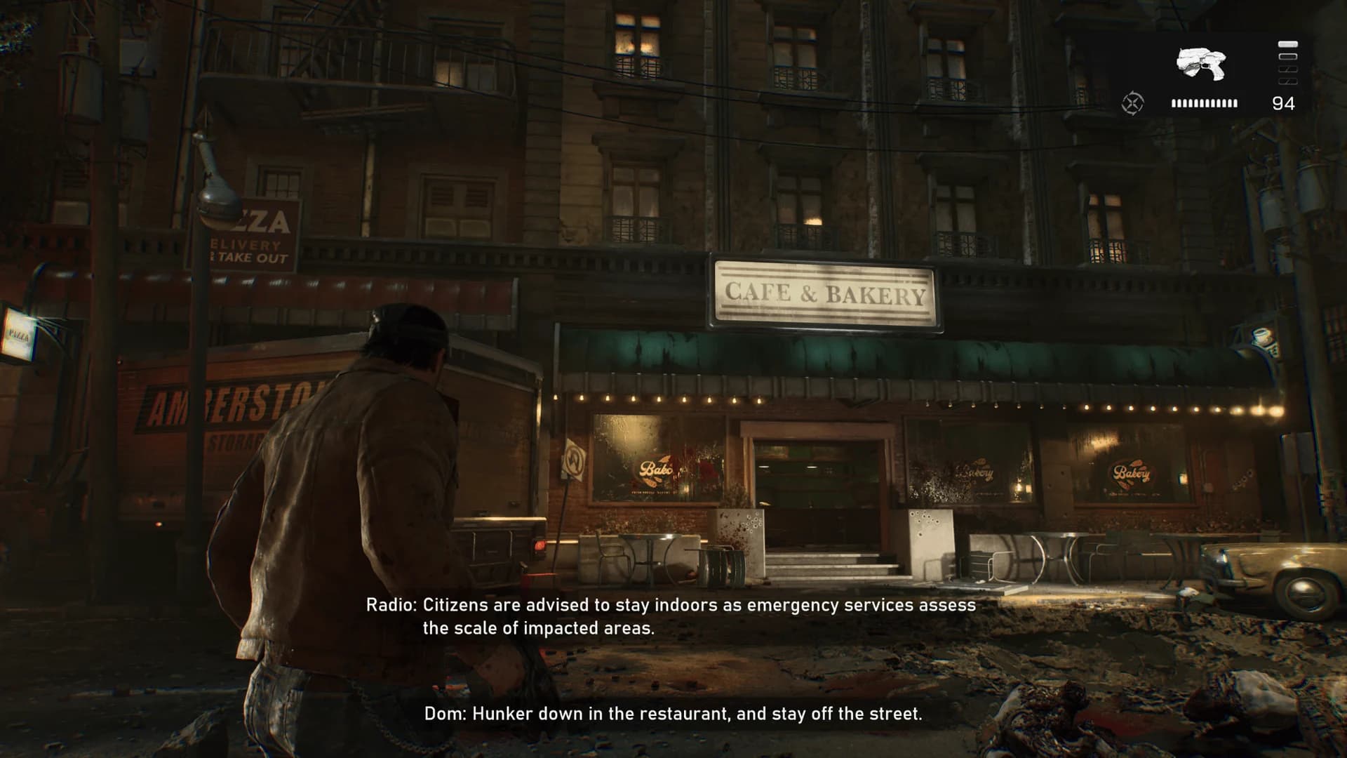 DayOne gameplay capture of the Café and Bakery exterior entrance