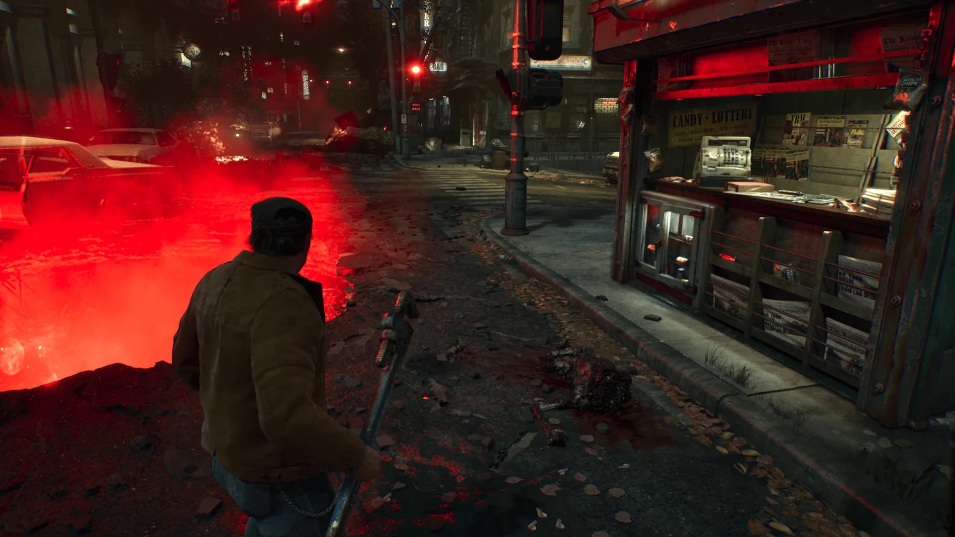 DayOne gameplay capture of the opening street near the kiosk and emergence hole