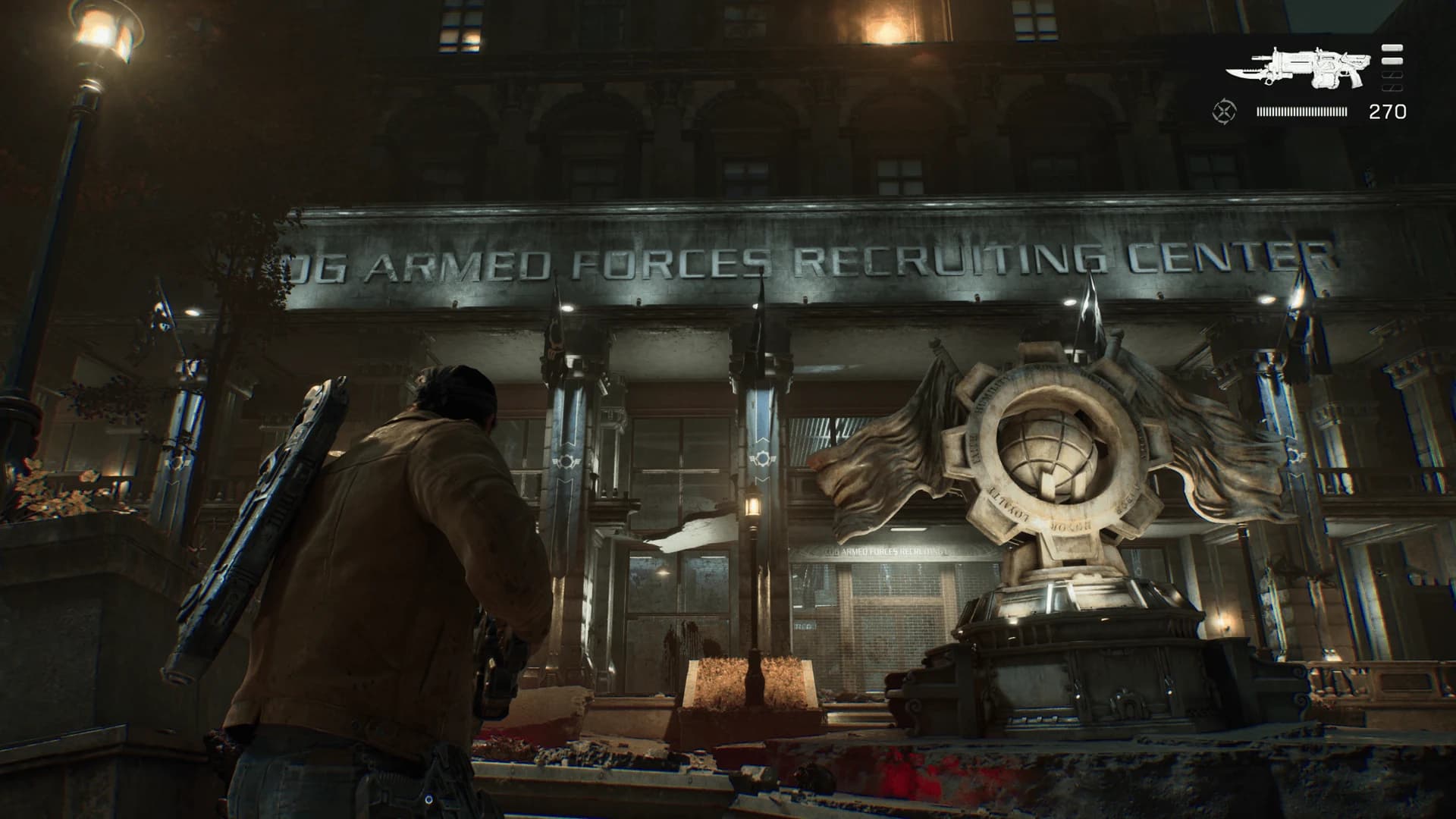 DayOne gameplay capture of the exterior entrance to the COG recruitment center