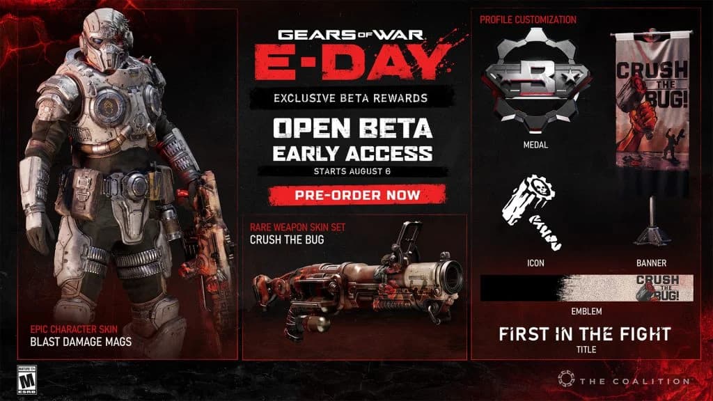 Official beta reward panel showing Blast Damage Mags and the Crush the Bug weapon set