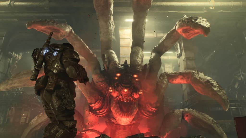 Corpser looming over a Gear in a damaged industrial interior