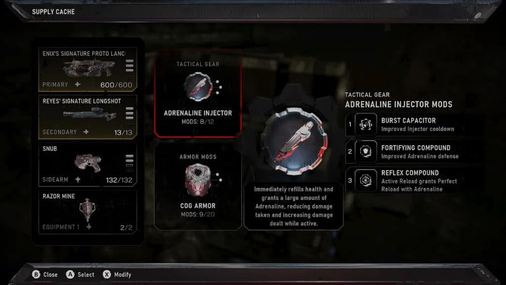 Supply Cache menu displaying Adrenaline Injector and equipped mods.