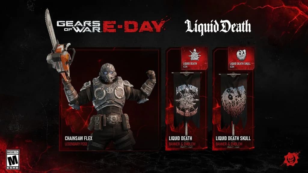 Official Liquid Death reward panel showing Chainsaw Flex with Liquid Death and skull banner, emblem and icon artwork