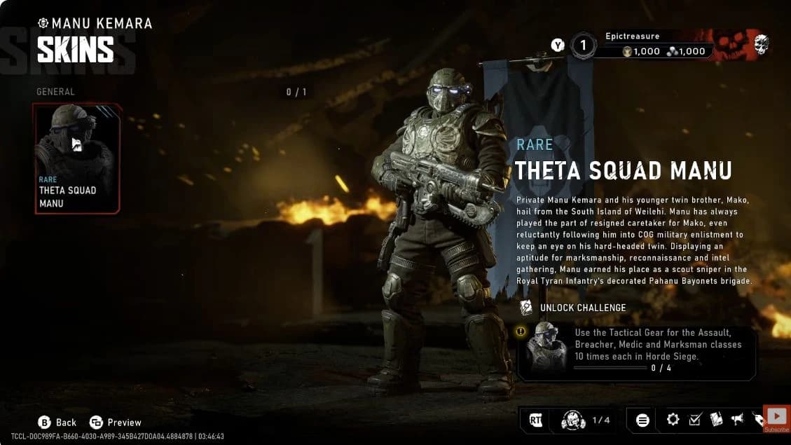 Theta Squad Manu model and card showing four class tasks with ten Tactical Gear uses each