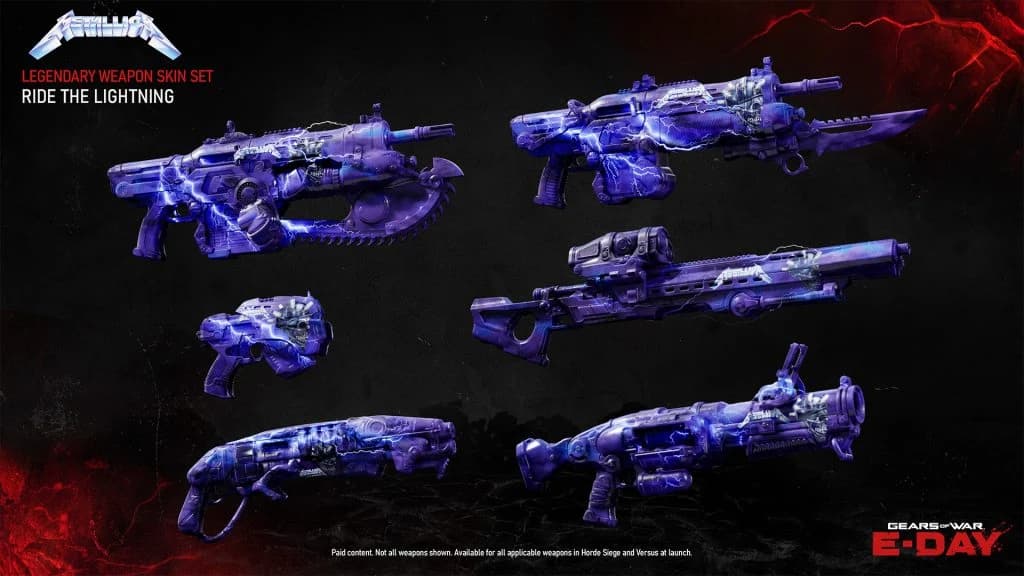 Official Ride the Lightning promotional panel showing six purple Metallica weapon finishes