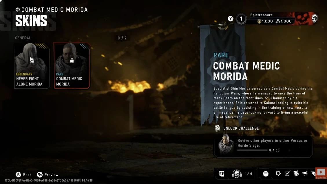 Combat Medic Morida menu card showing a zero of fifty revival counter
