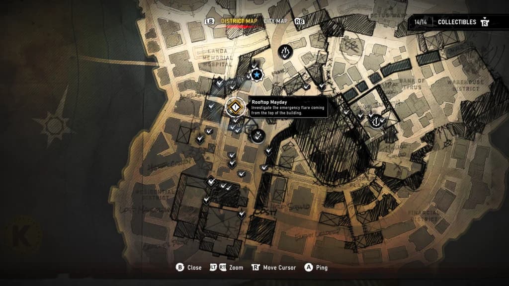 Rooftop Mayday map marker southeast of Landa Memorial Hospital with an emergency-flare objective tooltip