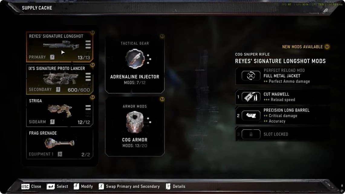 Supply Cache menu