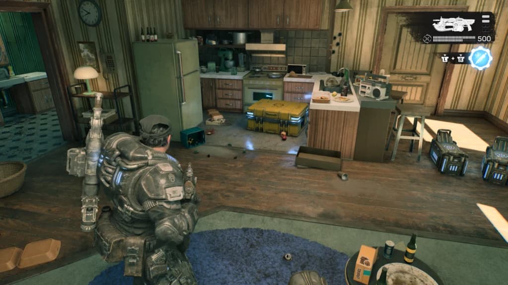 Yellow Hard Case in the upstairs apartment kitchen reached through the roadblock-side window
