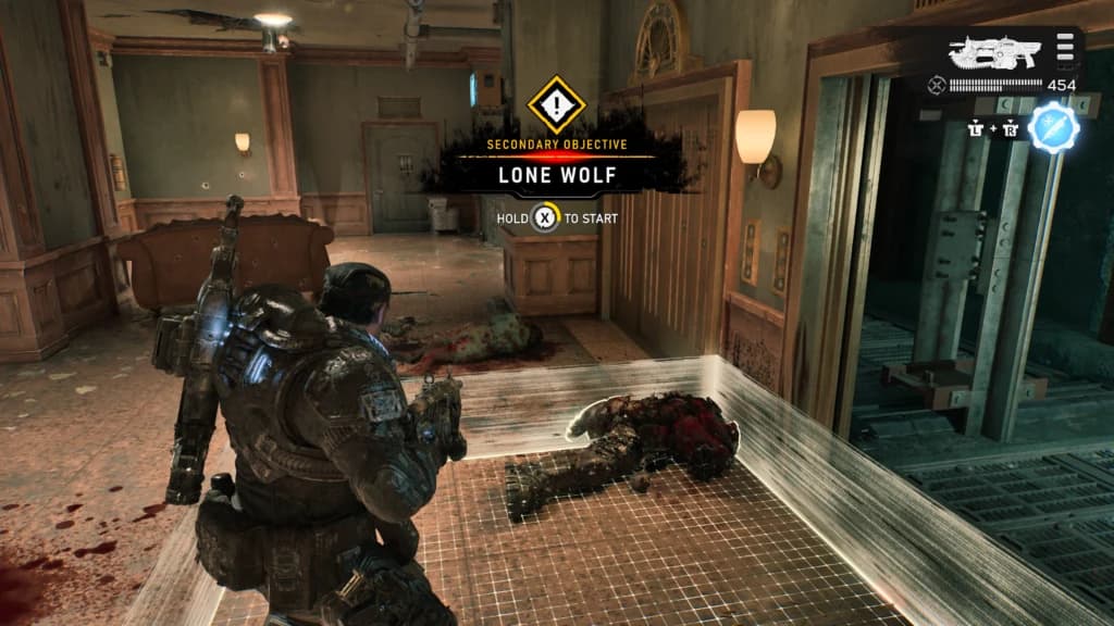Lone Wolf secondary objective start prompt beside the apartment elevators