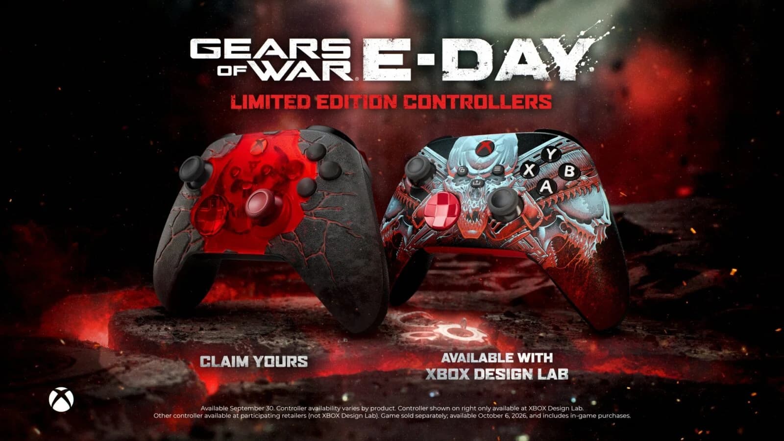 Two official E-Day Xbox Wireless Controllers against a red battlefield background