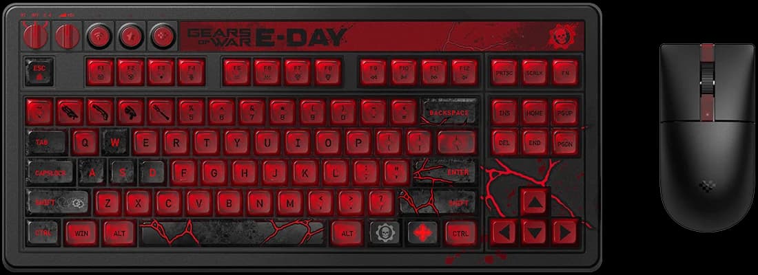 Red-and-black E-Day Retro 87 keyboard beside the Retro R8 mouse