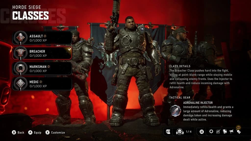 Official Horde Siege class selection screen with Dom selected as Breacher