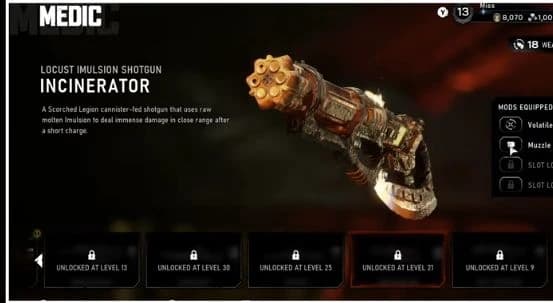Medic's selected Incinerator card shows a level twenty-one lock