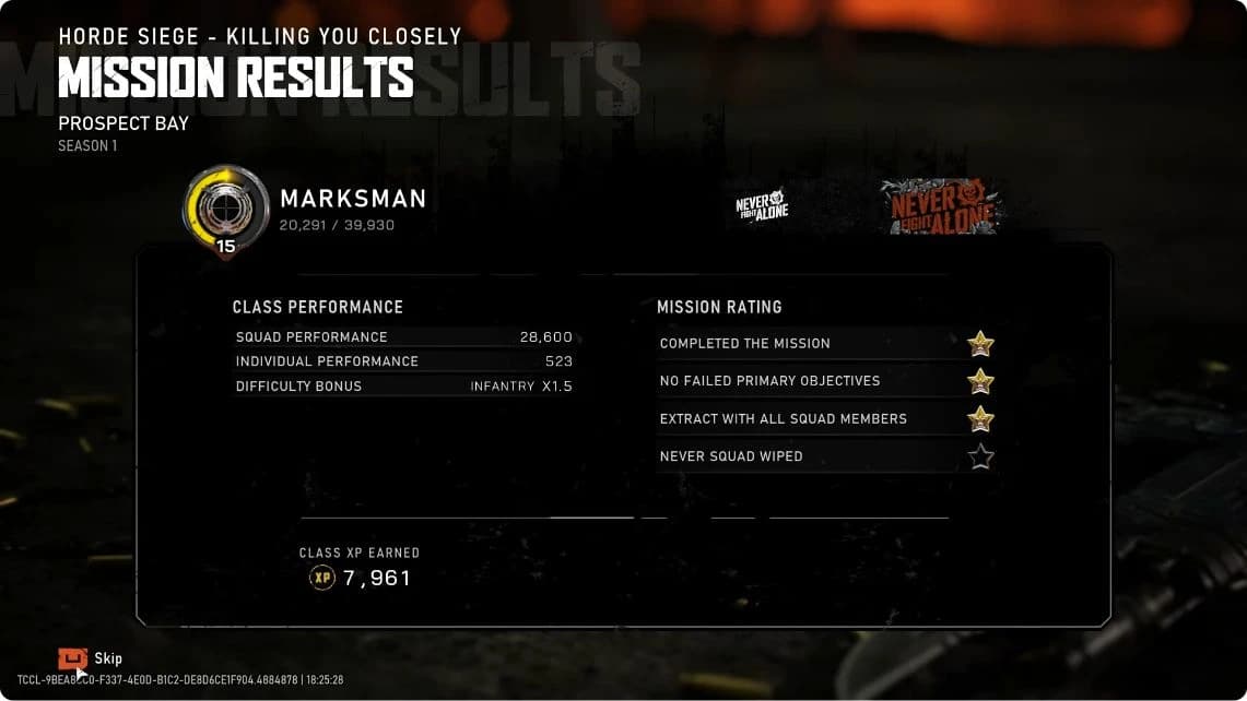 Results screen with Prospect Bay and Killing You Closely