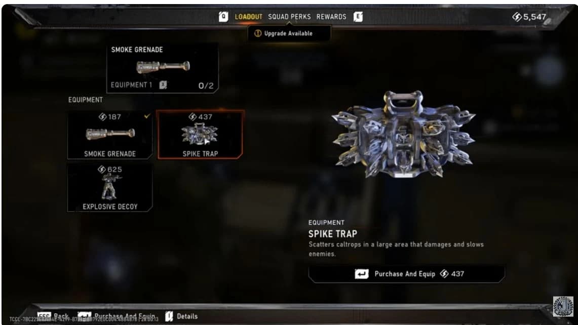 Equipment selected in a recorded Supply Cache menu