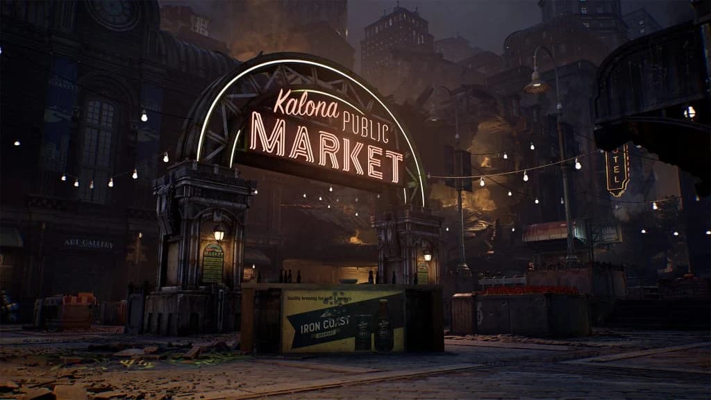 The illuminated Kalona Public Market entrance