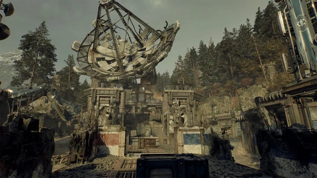 Outpost's ruined camp and large satellite dish
