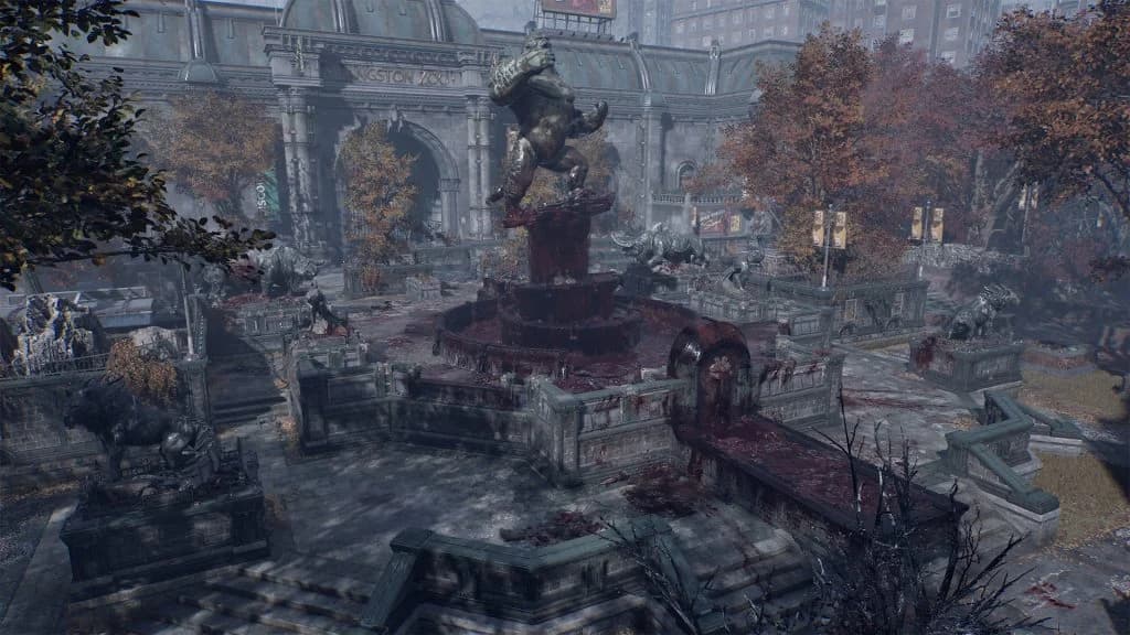 Park's fountain and destroyed zoo entrance