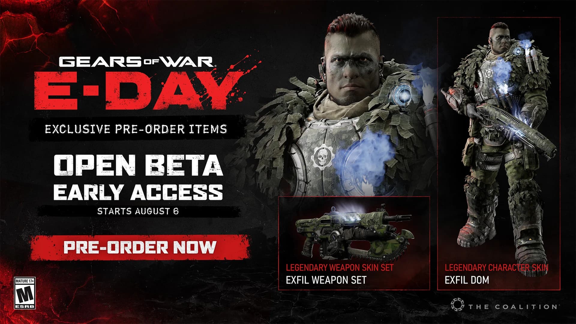 Official preorder reward panel showing Exfil Dom and the Exfil weapon skin set