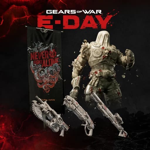 Armored character, banner and three weapon finishes in Steam’s Never Fight Alone Charity Bundle artwork