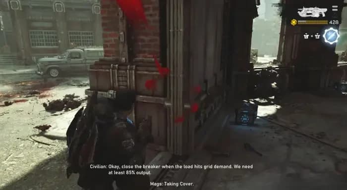 Gameplay capture with a civilian subtitle requiring at least 85 percent generator output