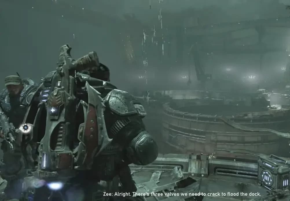 Gameplay capture of the dry dock with Zee’s subtitle identifying three valves
