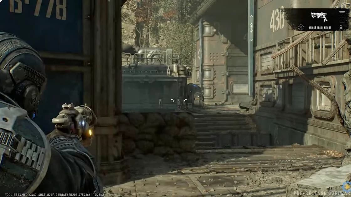 Chaps aiming the Striga pistol in multiplayer-preview footage