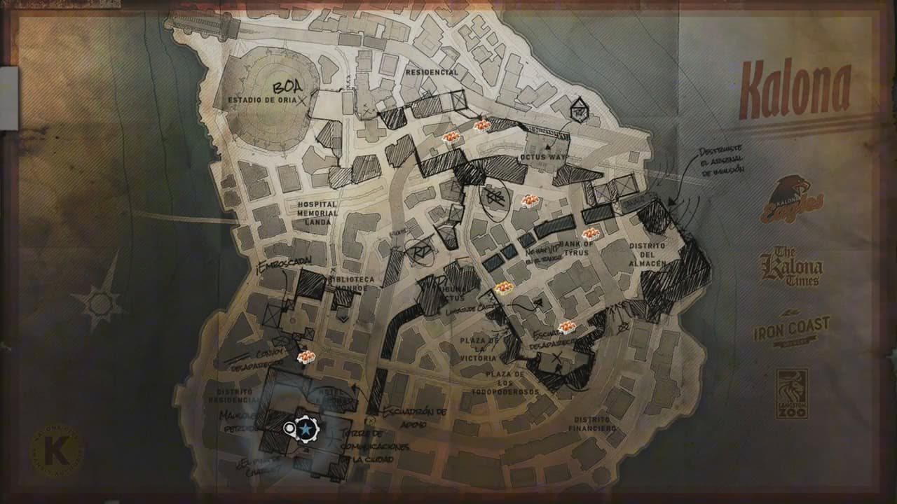 Author-marked Kalona map with seven targets