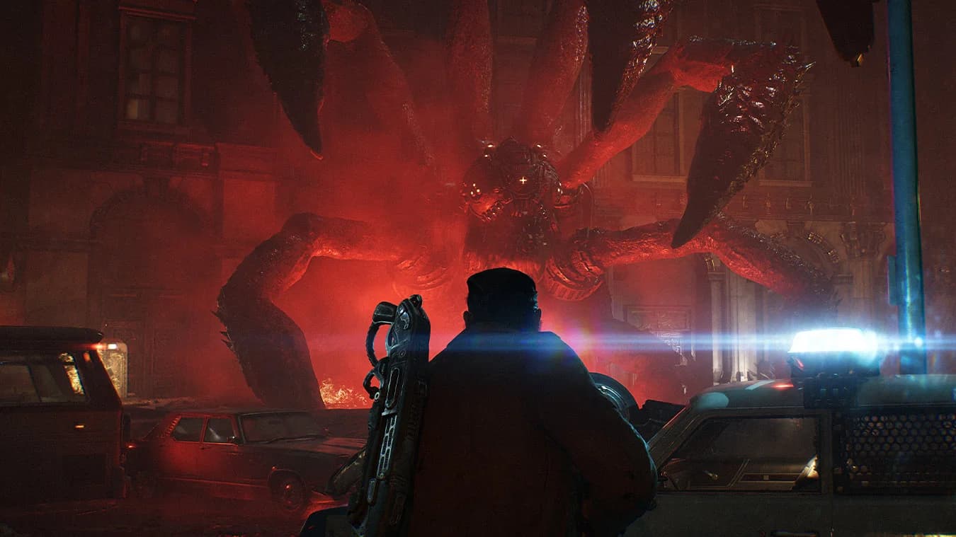 Marcus facing a towering Locust Drone in Gears of War: E-Day