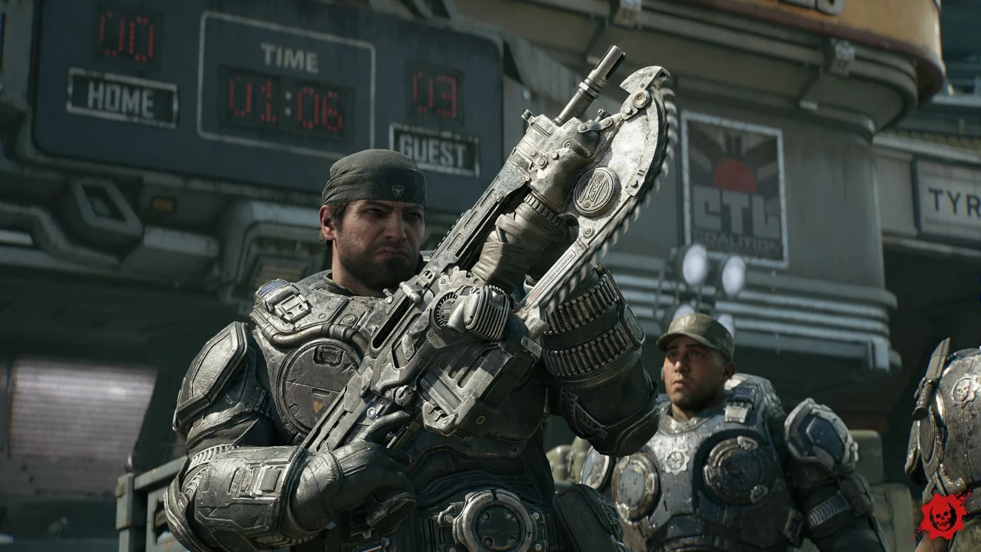 Marcus holding the Lancer in an official E-Day screenshot