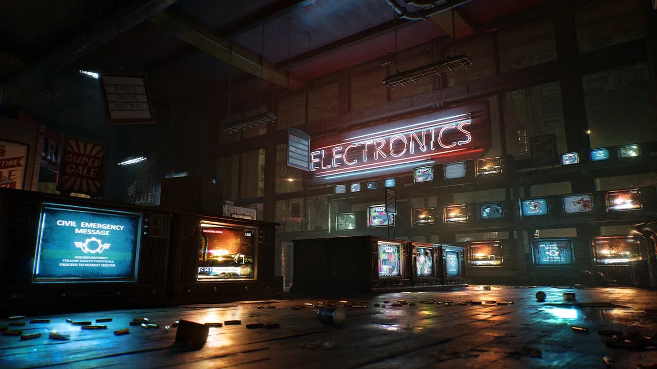 Emergency broadcasts fill an abandoned electronics store during Emergence Day